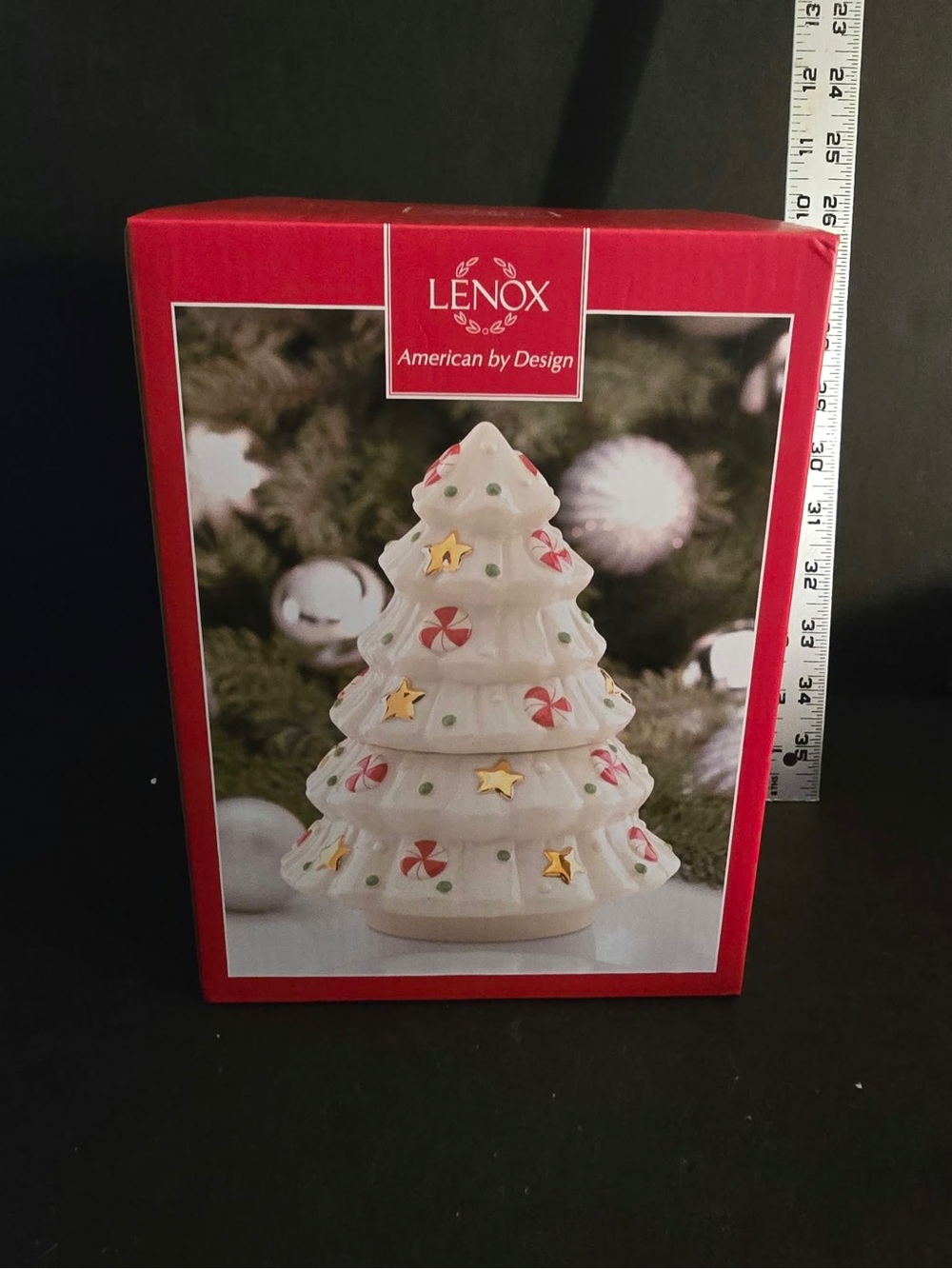 Lenox White Ceramic Holiday Tree Treat Jar with Red and Gold Accents
